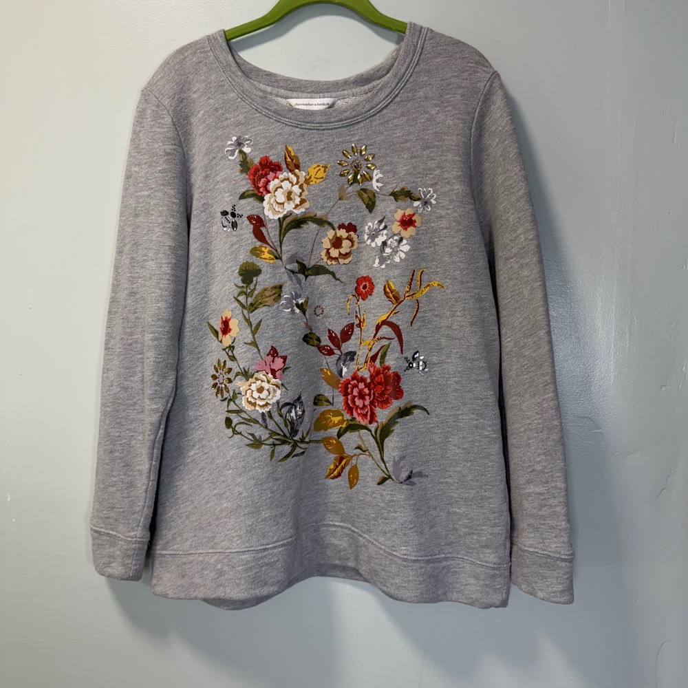 Christopher & Banks Womens‎ Large Gray Floral Sequin Sweatshirt  Grandmacore